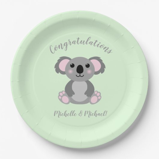 Koala Beer Baby shower Groene Genderneutraliteit Papieren Bordje (Voorkant)
