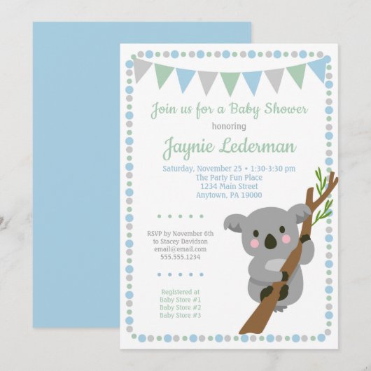 Koala Beer Baby shower Uitnodiging Blauwe Munt Boy (Voorkant / Achterkant)