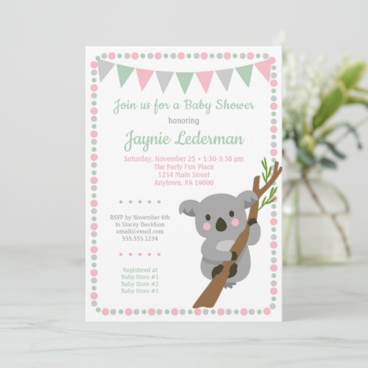 Koala Beer Baby shower Uitnodiging Roze Mint Girls (Staand voorkant)