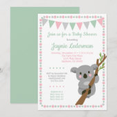 Koala Beer Baby shower Uitnodiging Roze Mint Girls (Voorkant / Achterkant)