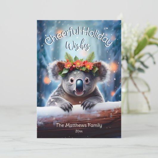 Koala Beer Besneeuwd Winter Woud Vrolijke Kerstmis Feestdagenkaart (Staand voorkant)