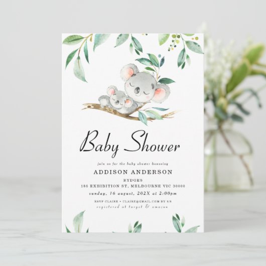 Koala Beer en gebladerte Baby shower Uitnodiging (Staand voorkant)