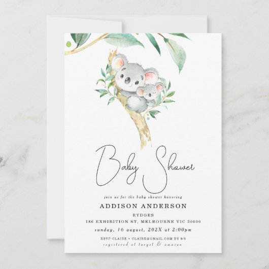 Koala Beer en Joey Foliage Baby shower Invitation Kaart (Voorkant)