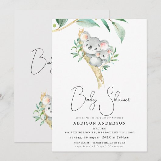 Koala Beer en Joey Foliage Baby shower Invitation Kaart (Voorkant / Achterkant)