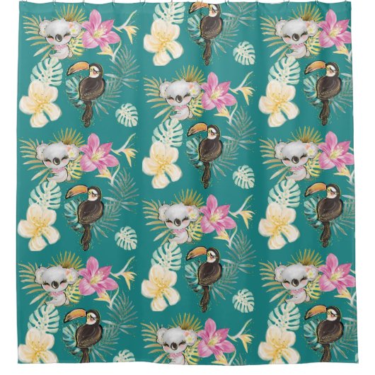 Koala Beer en Toucan Bird Blauwgroen Pattern Douchegordijn (Voorkant)