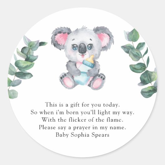 Koala Beer - Gebedskaarslabel Ronde Sticker (Voorkant)