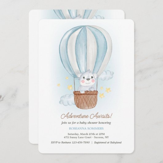 Koala Beer in Blauwe Luchtballon Uitnodiging (Voorkant / Achterkant)