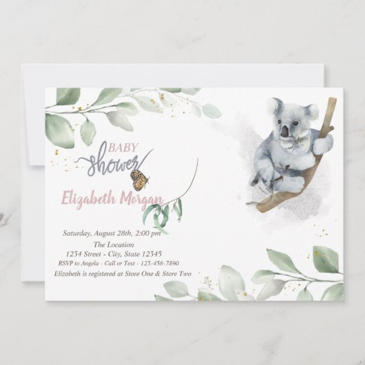 Koala Beer Leaves Baby shower Invitation Kaart (Voorkant)