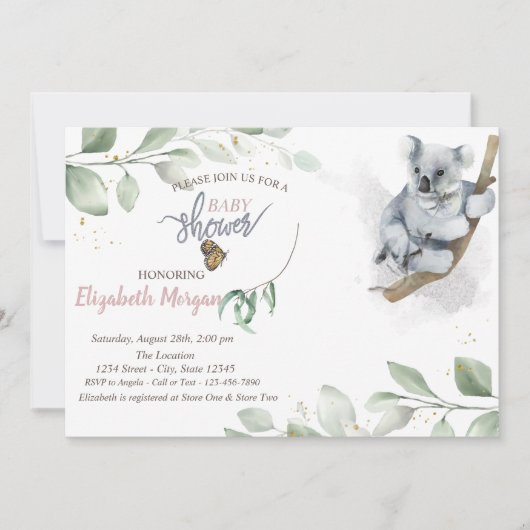 Koala Beer Leaves Baby shower Invitation Kaart (Voorkant)