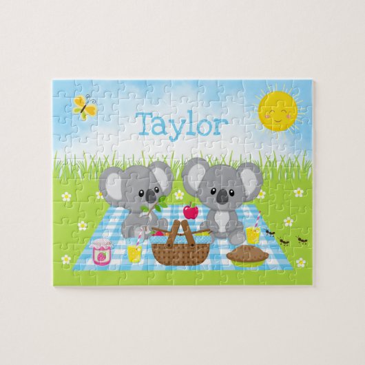 Koala Beer Picknick Jongen Blauwe Gingham Legpuzzel (Horizontaal)
