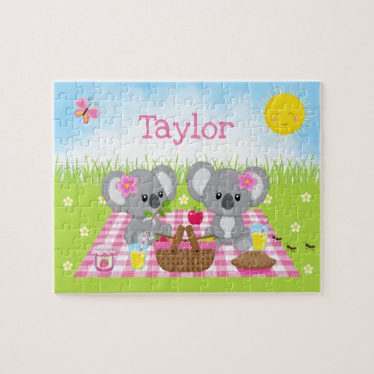 Koala Beer Picknick Meisje Roze Gingham Legpuzzel (Horizontaal)