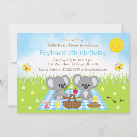 Koala Beer Picnic Blue Gingham Birthday Kaart (Voorkant)