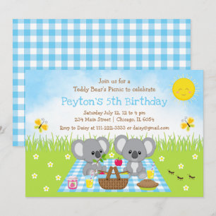 Koala Beer Picnic Blue Gingham Birthday Kaart