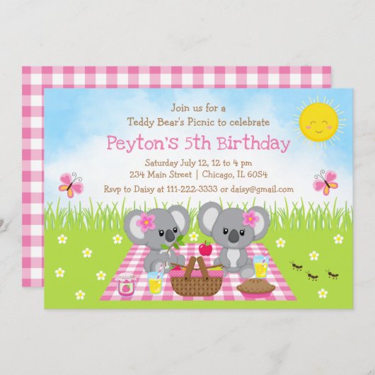 Koala Beer Picnic Pink Gingham Birthday Kaart (Voorkant / Achterkant)