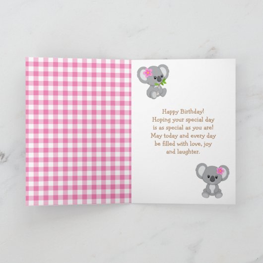 Koala Beer Picnic Pink Gingham Happy Birthday Kaart (Binnen)