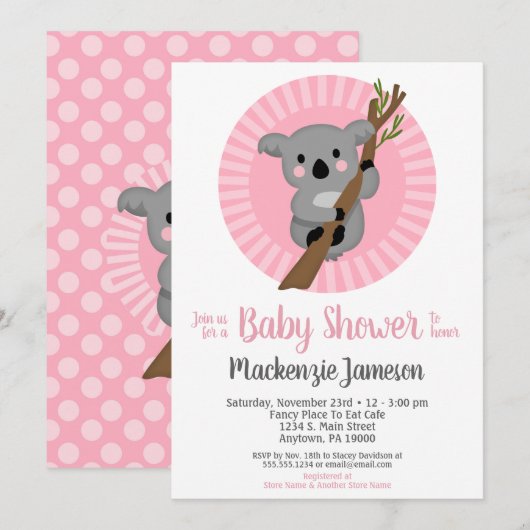 Koala Beer Pink Girls Baby shower Kaart (Voorkant / Achterkant)
