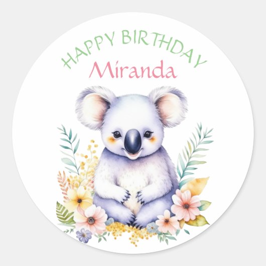 Koala Beer thema Meisje's Happy Birthday Ronde Sticker (Voorkant)