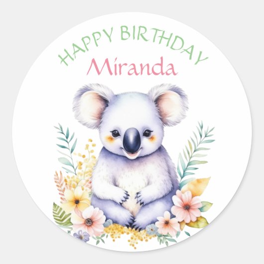 Koala Beer thema Meisje's Happy Birthday Ronde Sticker (Voorkant)