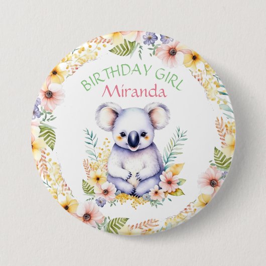 Koala Beer Thema Verjaardagsmeisje Gepersonaliseer Ronde Button 7,6 Cm (Voorkant)