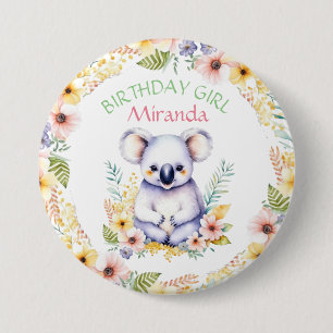 Koala Beer Thema Verjaardagsmeisje Gepersonaliseer Ronde Button 7,6 Cm
