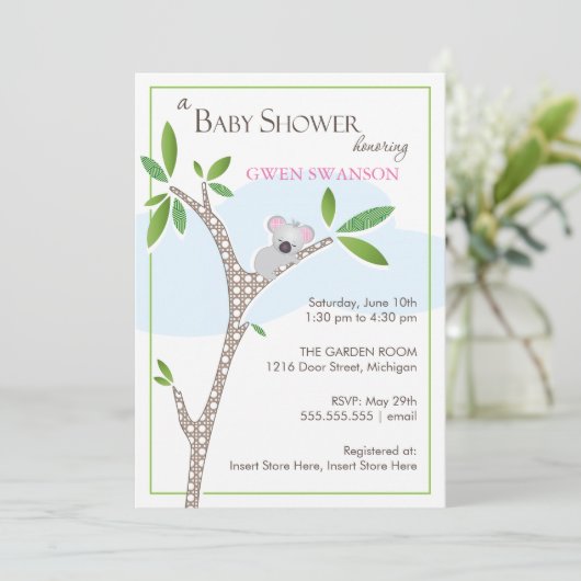 Koala Beer - Uitnodiging Baby shower Girl (Staand voorkant)