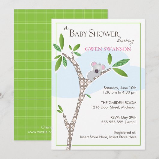 Koala Beer - Uitnodiging Baby shower Girl (Voorkant / Achterkant)