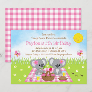 Koala Beer's Picknick Roze Gingham Verjaardag Kaart