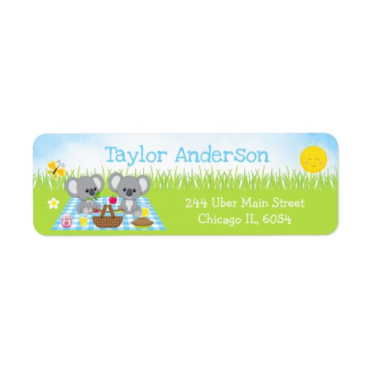 Koala Beren Picknick Jongen Blauwe Gingham Etiket (Voorkant)