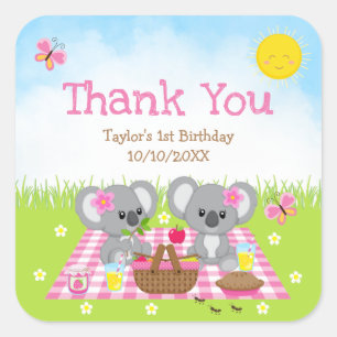 Koala Beren Picknick Verjaardag Roze Gingham Bedan Vierkante Sticker