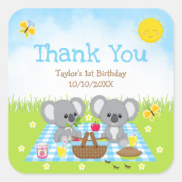 Koala Beren Picnic Birthday Blue Gingham Hartelijk Vierkante Sticker