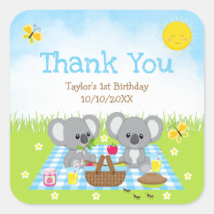 Koala Beren Picnic Birthday Blue Gingham Hartelijk Vierkante Sticker
