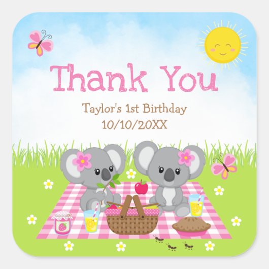 Koala Beren Picnic Birthday Pink Gingham Hartelijk Vierkante Sticker (Voorkant)