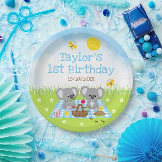 Koala Beren Picnic Blue Gingham Birthday Party Papieren Bordje (Feest)