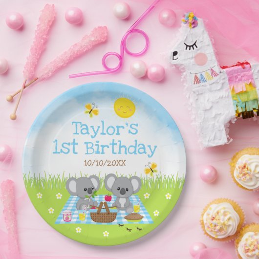 Koala Beren Picnic Blue Gingham Birthday Party Papieren Bordje (Feest)
