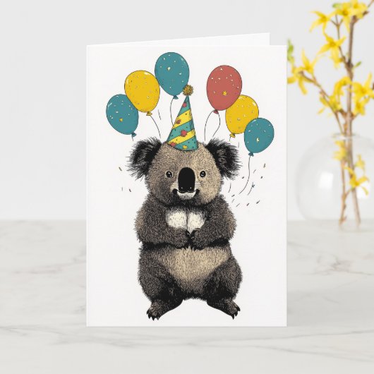 Koala Birthday Card – Cute Party Animal Kaart (Gele Bloem)
