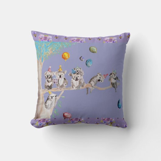 Koala Birthday Cute Koalas Childs Paarse Cushion Kussen (Voorkant)