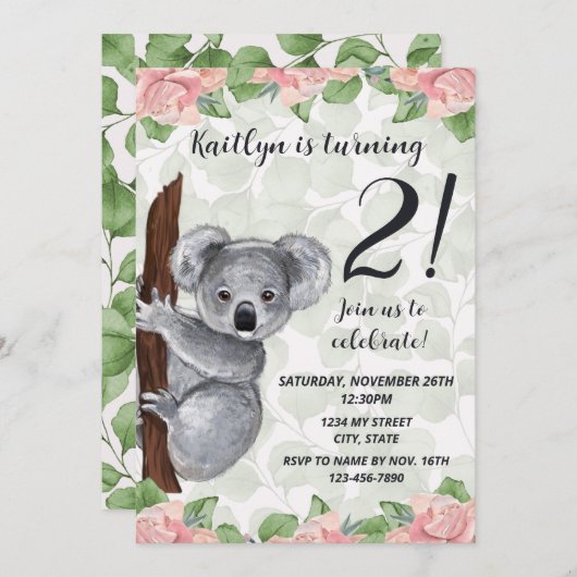 Koala Birthday Uitnodiging (Voorkant / Achterkant)