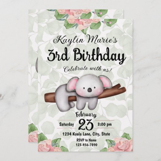 Koala Birthday Uitnodiging (Voorkant / Achterkant)