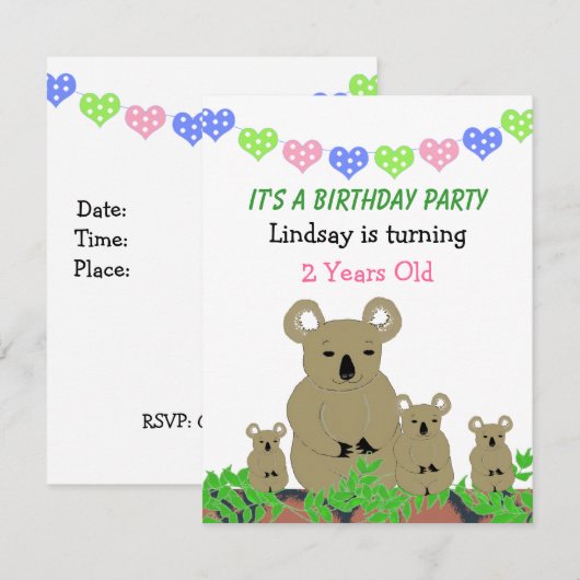 Koala Birthday Uitnodiging (Voorkant / Achterkant)