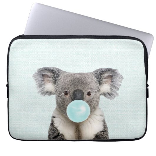 Koala Blaast Blauwe Kauwgom Bubbel Laptop Sleeve (Voorkant)