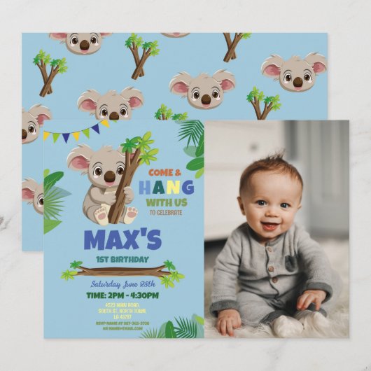Koala Blauw Feest Verjaardag Leuke Foto Kaart (Voorkant / Achterkant)
