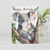Koala blazen een roze bubble gum feestdagenkaart (Staand voorkant)