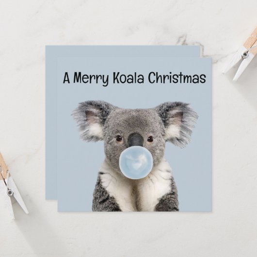 Koala Blowing een Blue Bubble gum Kerstmis Groet Kaart (Voorkant / Achterkant in situ)