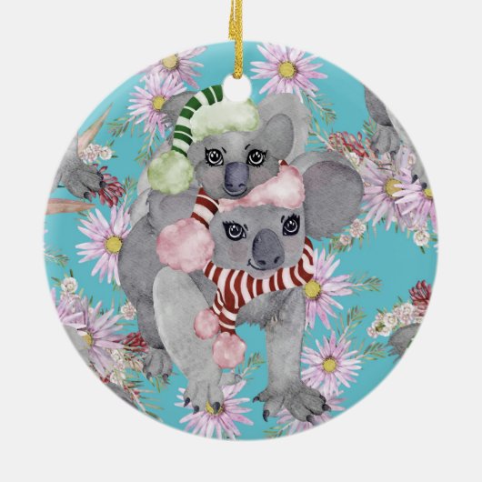Koala Christmas Botanical Blauw Keramisch Ornament (Achterkant)