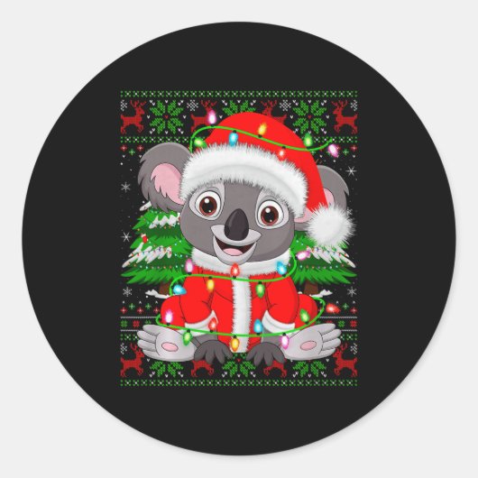 Koala Christmas Lights Santa Costume Ugly Xmas Swe Ronde Sticker (Voorkant)