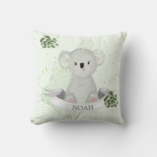 Koala Cute Baby Animal Green Gum Leaves Nursery Kussen (Voorkant)