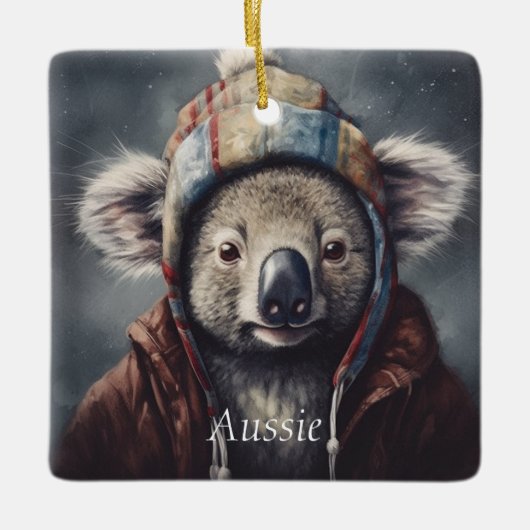 Koala draagt winterse pet, aanpasbaar keramisch ornament (Voorkant)
