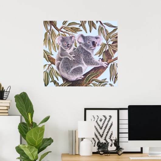 Koala en baby in de Eucalyptusboom Poster (Thuiskantoor)
