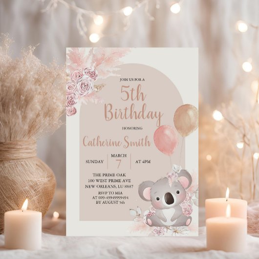 Koala en Pampas Grass Boho kind Birthday Theme Kaart