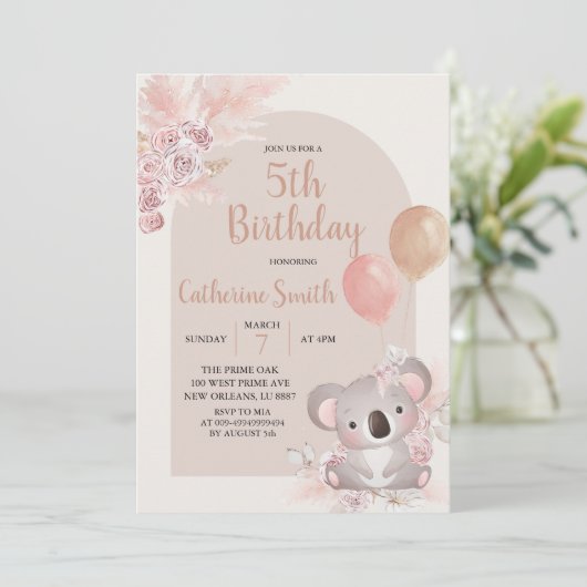 Koala en Pampas Grass Boho kind Birthday Theme Kaart (Staand voorkant)